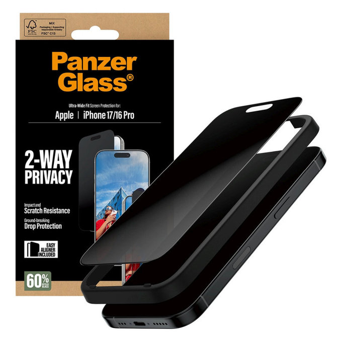 UWF 2-Way Privacy Panzerglas mit Fastfit für iPhone 17/16 Pro, Schwarz, PanzerGlass