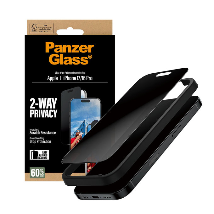 UWF 2-Way Privacy Panzerglas mit Fastfit für iPhone 17/16 Pro, Schwarz, PanzerGlass