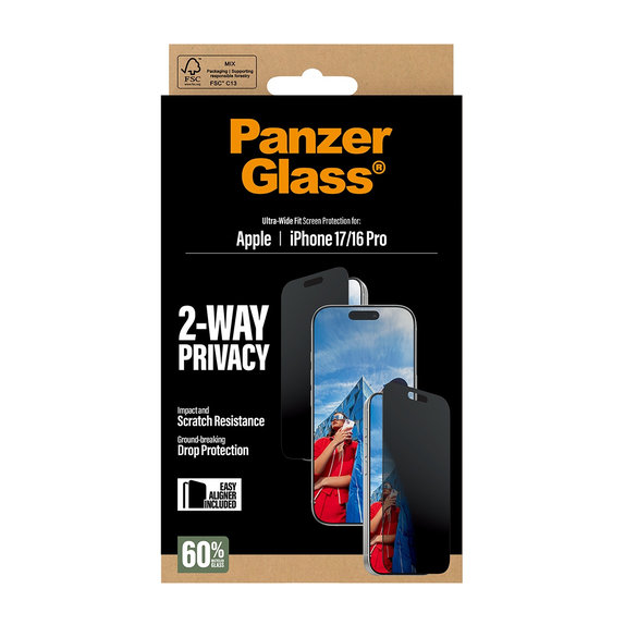 UWF 2-Way Privacy Panzerglas mit Fastfit für iPhone 17/16 Pro, Schwarz, PanzerGlass