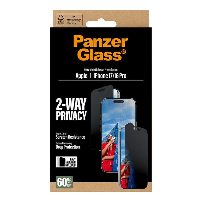 UWF 2-Way Privacy Panzerglas mit Fastfit für iPhone 17/16 Pro, Schwarz, PanzerGlass