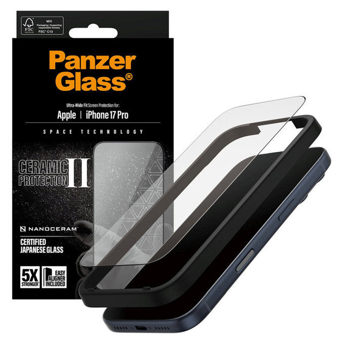 Schutzglas UWF Ceramic II mit Applikator für iPhone 17 Pro, Schwarz, PanzerGlass