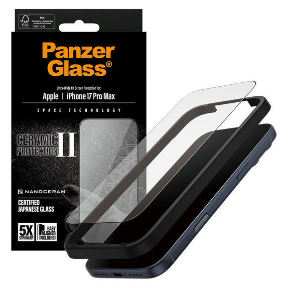 Schutzglas UWF Ceramic II mit Applikator für iPhone 17 Pro Max, Schwarz, PanzerGlass