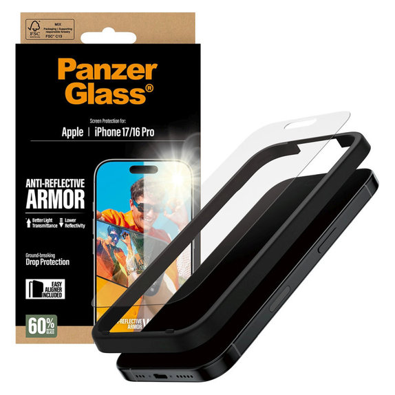 Schutzglas Anti-Reflective mit Applikator für iPhone 17/16 Pro, Schwarz, PanzerGlass