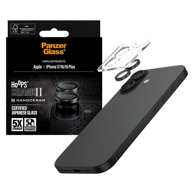 Kameralinsenschutz Hoops Ceramic II für iPhone 17/16 Plus/16, Schwarz, PanzerGlass