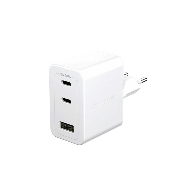 Reiseadapter Grand Prix 2x USB-C/USB-A, GaN, 70 W PD, Silberweiß, empower