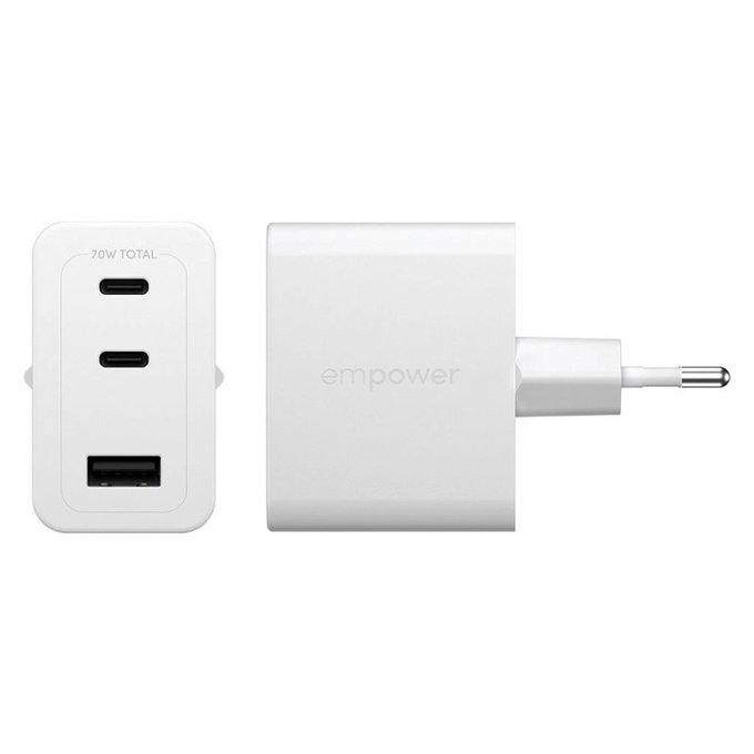Reiseadapter Grand Prix 2x USB-C/USB-A, GaN, 70 W PD, Silberweiß, empower