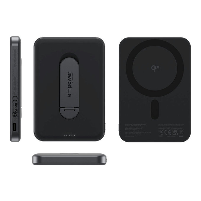 Kabellose PowerBank 5000 mAh mit drehbarem Ständer, 20 W, kompatibel mit MagSafe, Qi2/USB-C, Space Black, empower