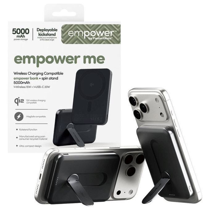 Kabellose PowerBank 5000 mAh mit drehbarem Ständer, 20 W, kompatibel mit MagSafe, Qi2/USB-C, Space Black, empower