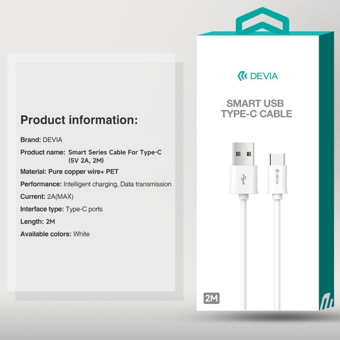 USB / USB-C Kabel Smart, 2.1A, 2m, Weiß, Devia