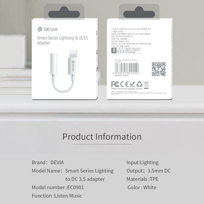 Adapter Smart 3,5mm Jack / Lightning, Weiß, Devia