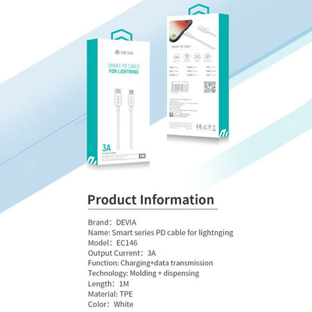 Lightning / USB-C Kabel Smart, PD 20W, 1m, Weiß, Devia