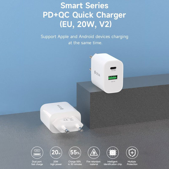 Ladeadapter Smart USB-C + USB-A, PD 20W, Weiß, Devia