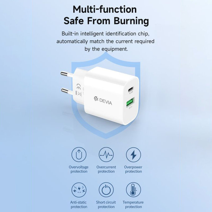 Ladeadapter Smart USB-C + USB-A, PD 20W, Weiß, Devia