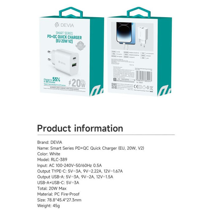 Ladeadapter Smart USB-C + USB-A, PD 20W, Weiß, Devia