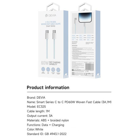 USB-C / USB-C Kabel Smart, PD 60W, 1m, Weiß, Devia