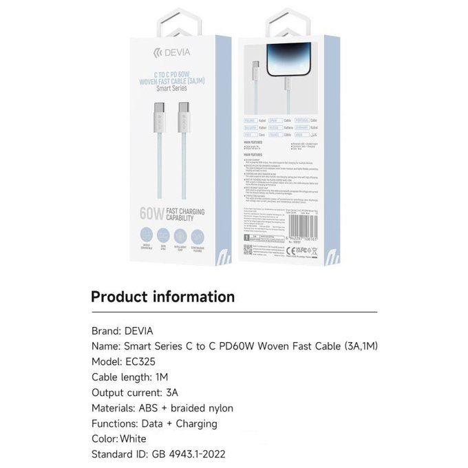 USB-C / USB-C Kabel Smart, PD 60W, 1m, Weiß, Devia