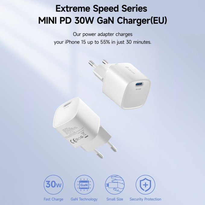 Ladeadapter Mini USB-C, PD 30W, Weiß, Devia