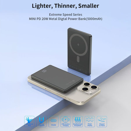 MagSafe Powerbank Extreme Speed Mini mit Display, PD 20W, 5000mAh, Space Grey, Devia