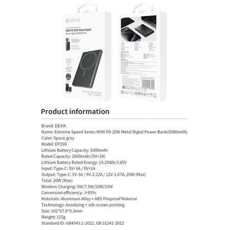 MagSafe Powerbank Extreme Speed Mini mit Display, PD 20W, 5000mAh, Space Grey, Devia