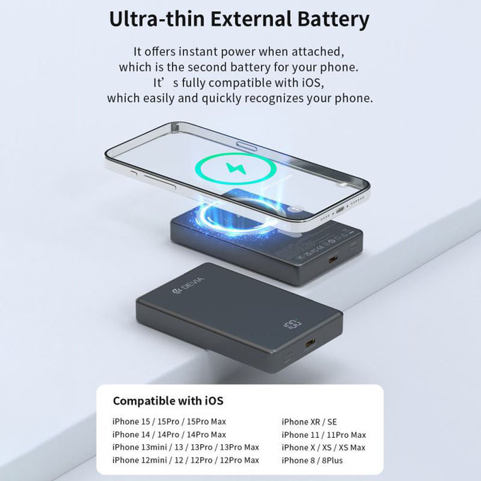 MagSafe Powerbank Extreme Speed Mini mit Display, PD 20W, 10000mAh, Space Grey, Devia