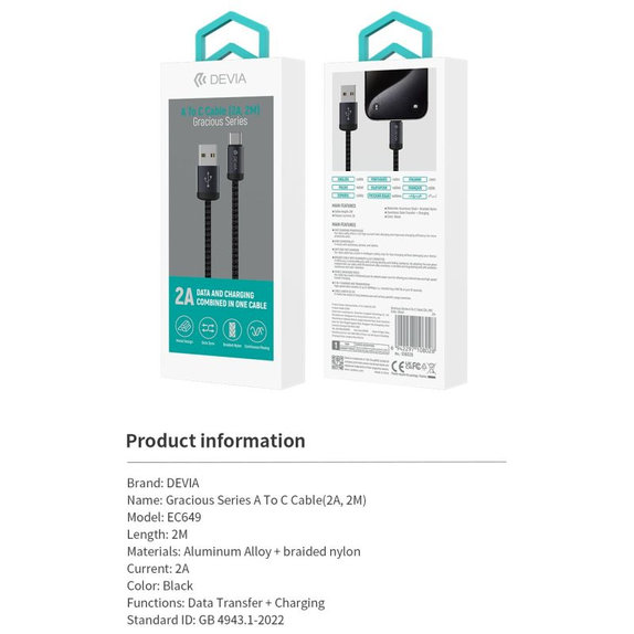 USB / USB-C Kabel Gracious, 2.1A, 2m, Schwarz, Devia