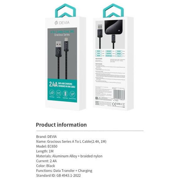 Lightning / USB Kabel Gracious, 2,4A, 1m, Schwarz, Devia