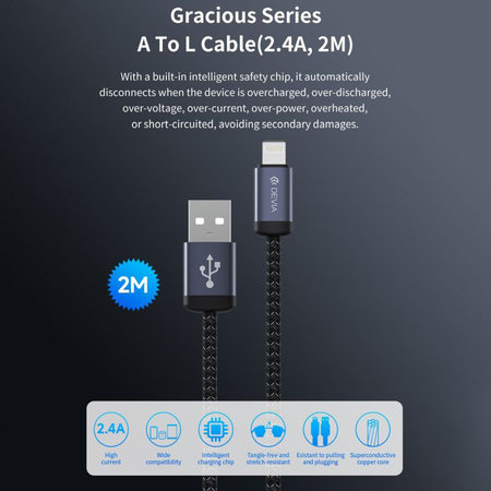 Lightning / USB Kabel Gracious, 2,4A, 2m, Schwarz, Devia