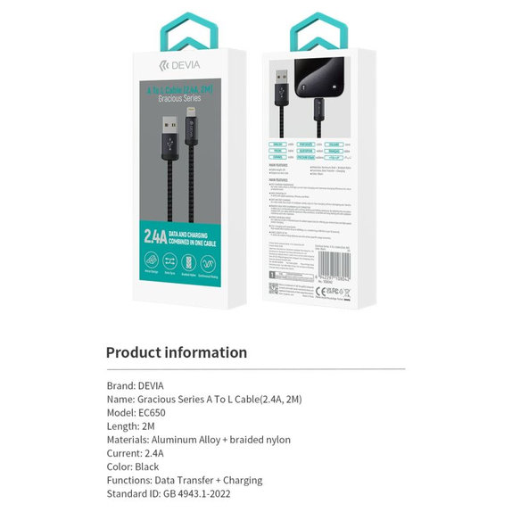 Lightning / USB Kabel Gracious, 2,4A, 2m, Schwarz, Devia
