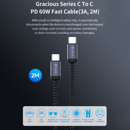 USB-C / USB-C Kabel Gracious, PD 60W, 2m, Schwarz, Devia