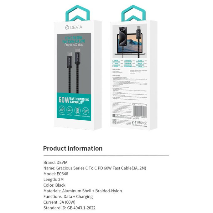 USB-C / USB-C Kabel Gracious, PD 60W, 2m, Schwarz, Devia