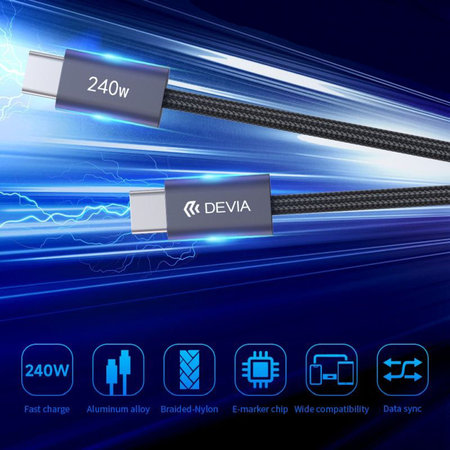 USB-C / USB-C Kabel Extreme Speed, PD 240W, 2m, Schwarz, Devia