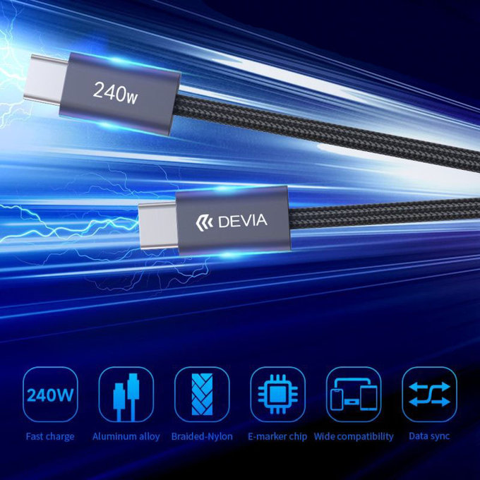 USB-C / USB-C Kabel Extreme Speed, PD 240W, 2m, Schwarz, Devia