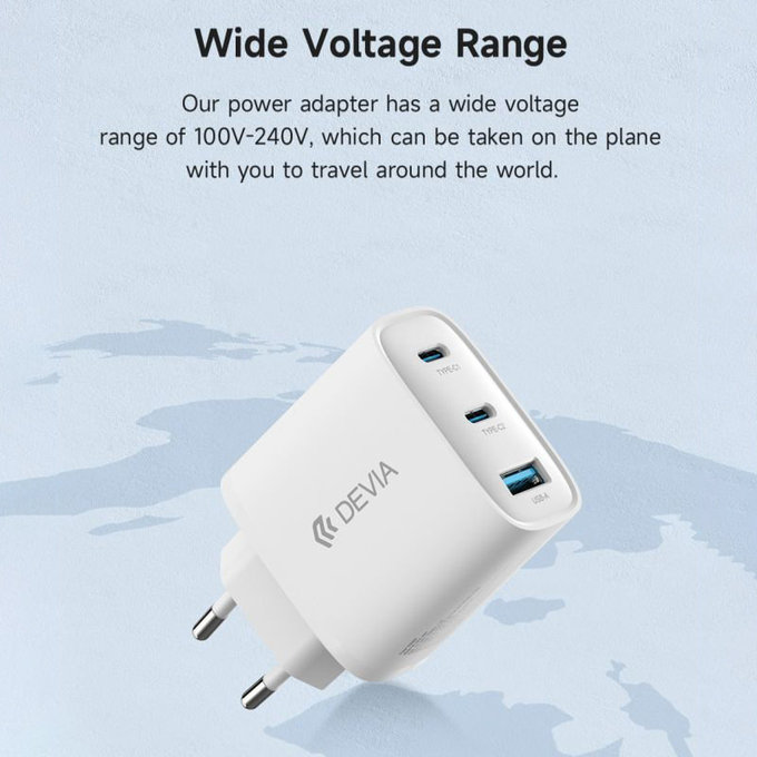 Ladeadapter Extreme Speed, 2x USB-C + USB-A, PD 65W, Weiß, Devia