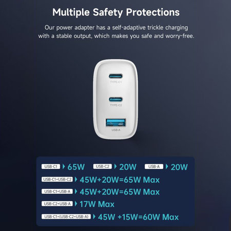 Ladeadapter Extreme Speed, 2x USB-C + USB-A, PD 65W, Weiß, Devia