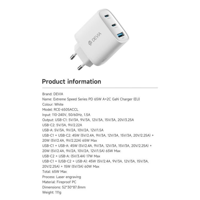 Ladeadapter Extreme Speed, 2x USB-C + USB-A, PD 65W, Weiß, Devia