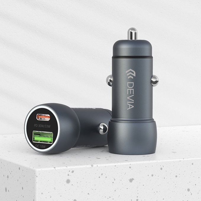 Auto Ladegerät Extreme Speed USB-C + USB-A, PD 30W, QC 3.0 18W, Grau, Devia