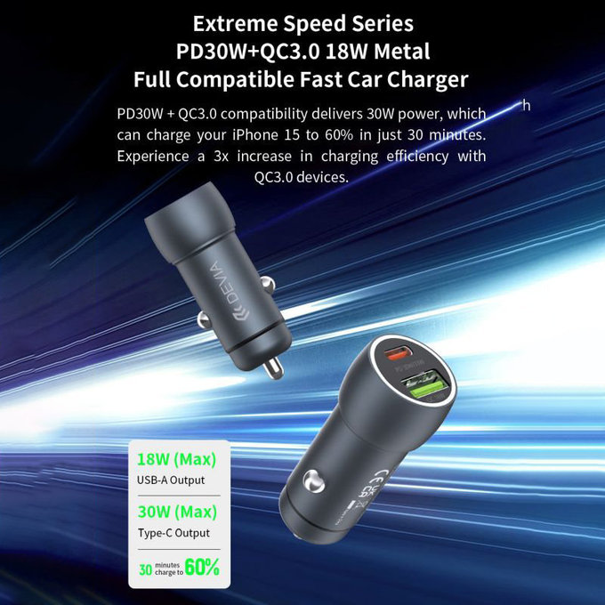 Auto Ladegerät Extreme Speed USB-C + USB-A, PD 30W, QC 3.0 18W, Grau, Devia