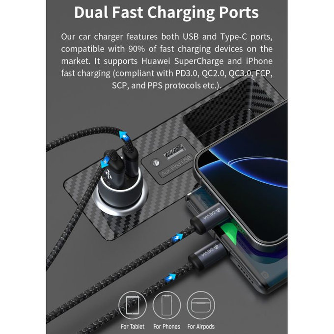 Auto Ladegerät Extreme Speed USB-C + USB-A, PD 30W, QC 3.0 18W, Grau, Devia