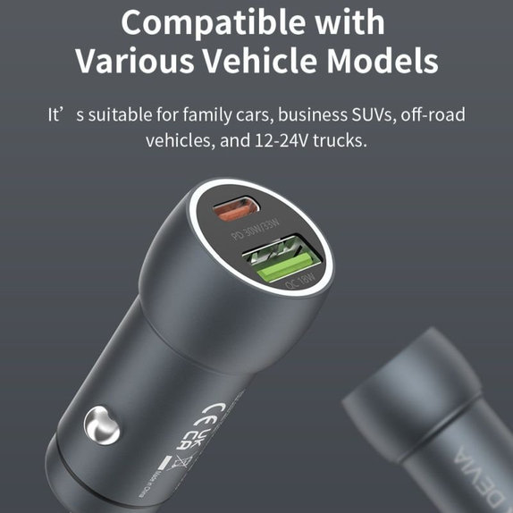 Auto Ladegerät Extreme Speed USB-C + USB-A, PD 30W, QC 3.0 18W, Grau, Devia