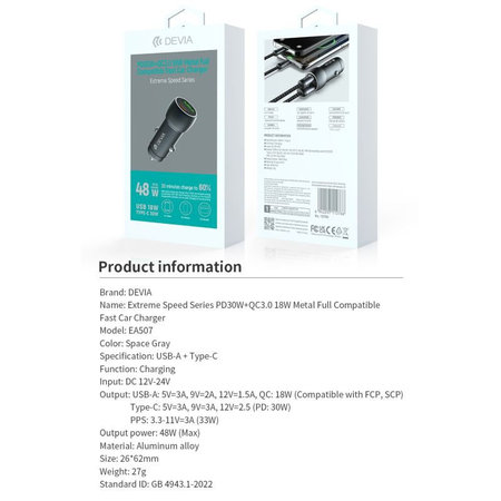 Auto Ladegerät Extreme Speed USB-C + USB-A, PD 30W, QC 3.0 18W, Grau, Devia