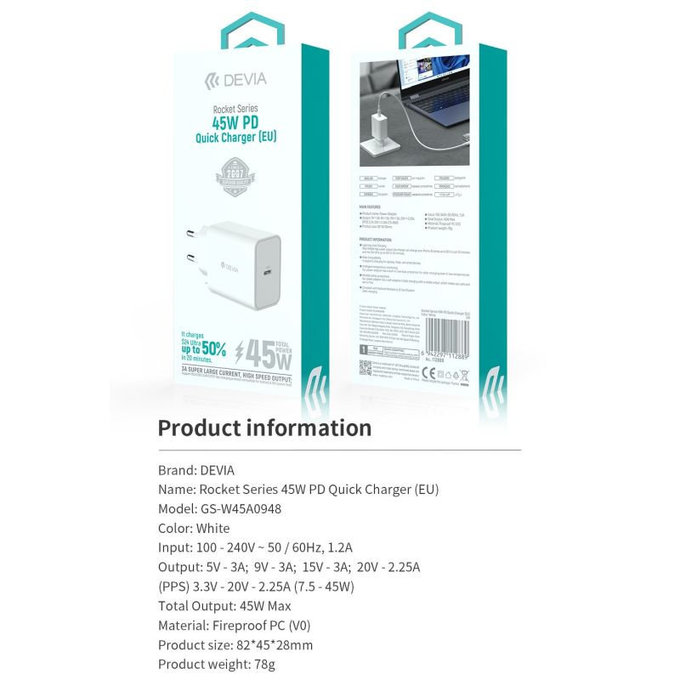 Ladeadapter Rocket USB-C, PD 45W, Weiß, Devia