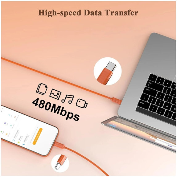 USB-C / USB-C-Kabel mit Schnellladen, PD 60W, 2 m, Orange