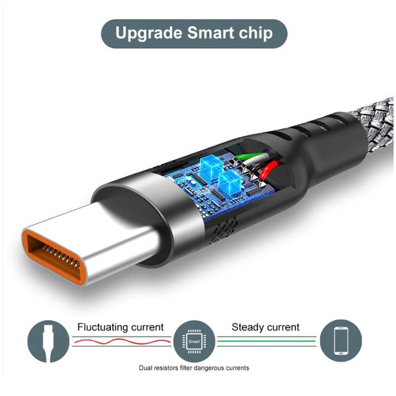 USB-A / USB-C Kabel, 6A, 1m, Grau