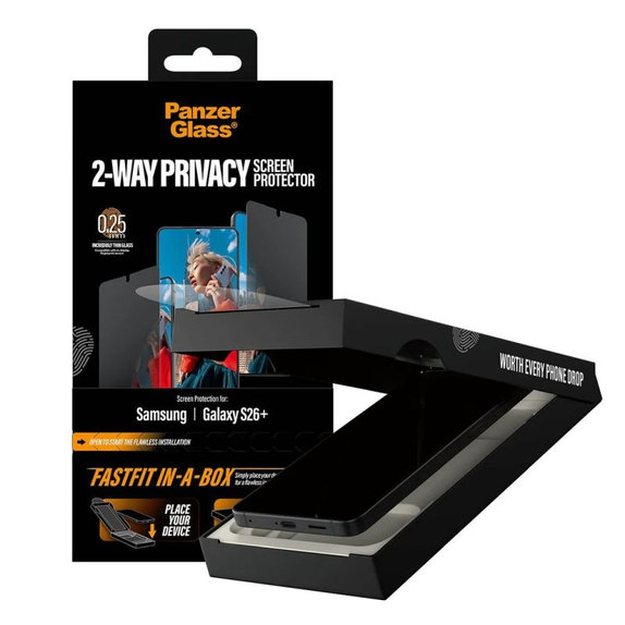 PanzerGlass - UWF 2-Way Privacy Panzerglas mit FASTFIT In-A-Box für Samsung Galaxy S26+, klar