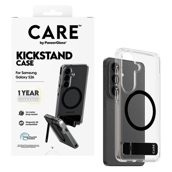 Hülle Kickstand mit schwarzem QI für Samsung Galaxy S26, Transparent, PanzerGlass