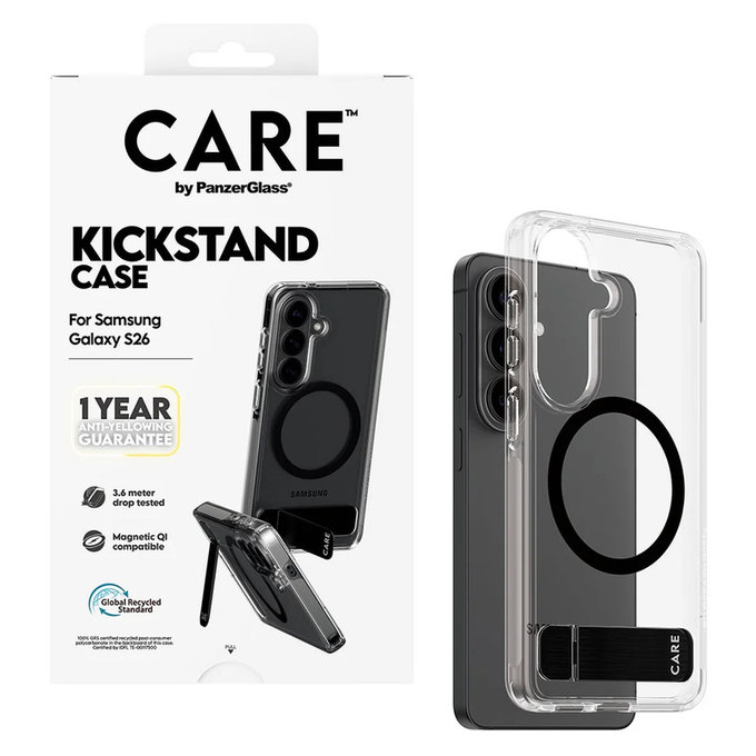 Hülle Kickstand mit schwarzem QI für Samsung Galaxy S26, Transparent, PanzerGlass
