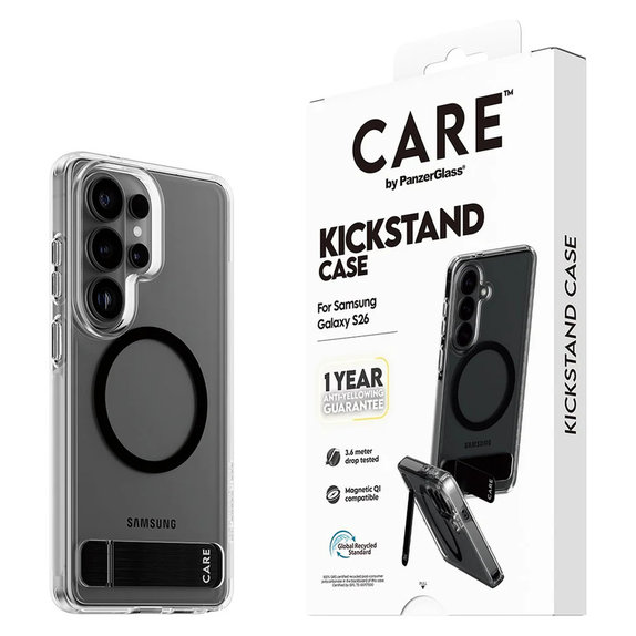 Hülle Kickstand mit schwarzem QI für Samsung Galaxy S26, Transparent, PanzerGlass