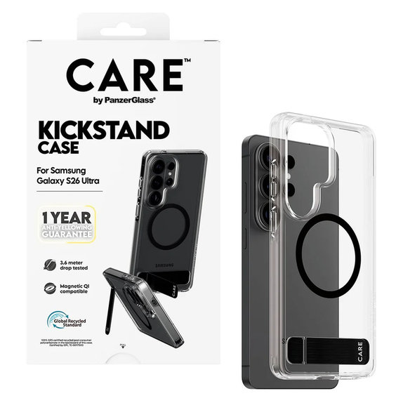 Hülle Kickstand mit schwarzem QI für Samsung Galaxy S26 Ultra, Transparent, PanzerGlass