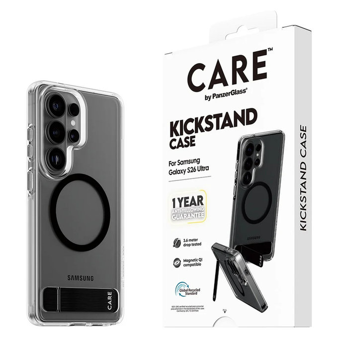 Hülle Kickstand mit schwarzem QI für Samsung Galaxy S26 Ultra, Transparent, PanzerGlass