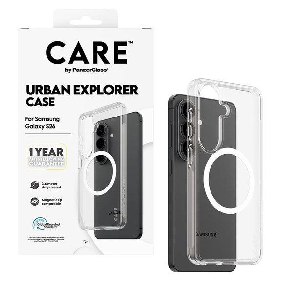 Hülle Urban Explorer mit weißem QI für Samsung Galaxy S26, Transparent, PanzerGlass